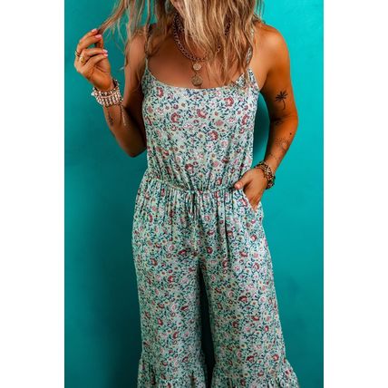 Green Bohemian Floral Ruffle Bottom Spaghetti Strap Jumpsuit