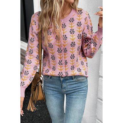 Pink Floral Button Down Ribbed Banded Cardigan Sweater