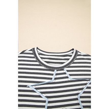 Gray Stripe Starry Patch Drop Shoulder Raw Edge Casual Knit Top