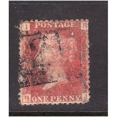 GREAT BRITAIN 1858-79 QV SG44 1d RED BROWN PLATE 176 LETTERED RI USED