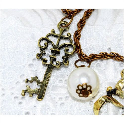 Sale Antiqued Bronze Pendant Crystal Key Faux Pearl Necklace Jewellery 1392