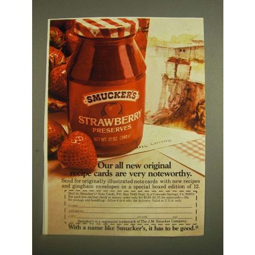 1985 Smucker's Strawberry Preserves Ad - Our recipe cards are very noteworthy