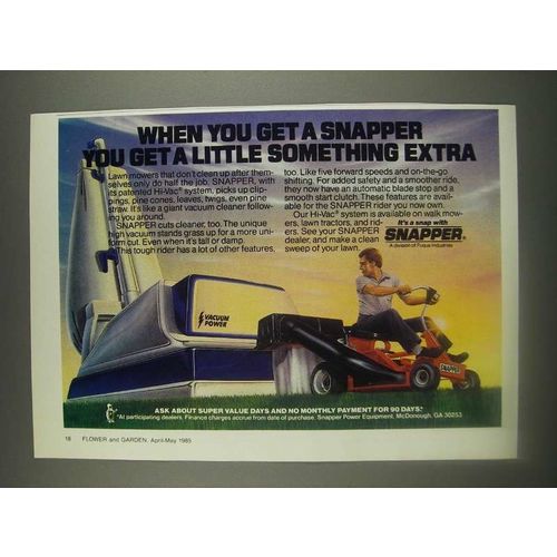 1985 Snapper Hi-Vac Riding Lawn Mower Ad - A Little Something Extra