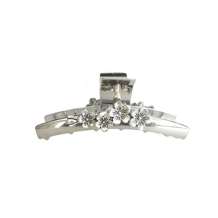 Long silver tone flower metal hair claw clip