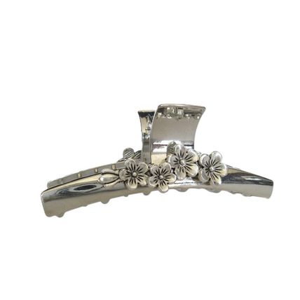 Long silver tone flower metal hair claw clip