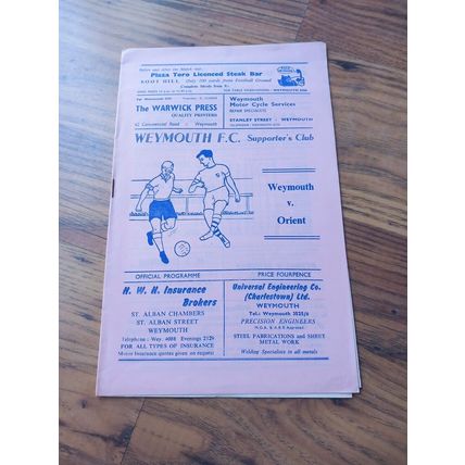1967/68 Weymouth vs Orient - FA Cup 1st Round - 9/12/67 * FREE P&P *