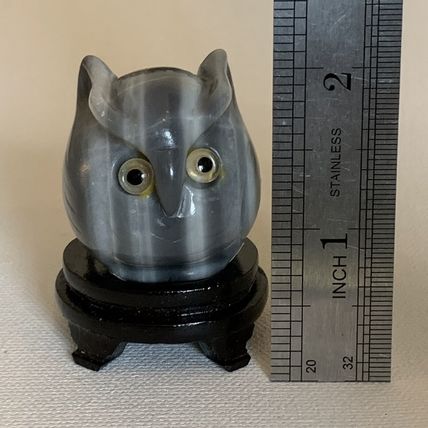 Grey Banded Agate Owl Figurine W Stand Vintage Fine Chinese Animal Carving 1.4"