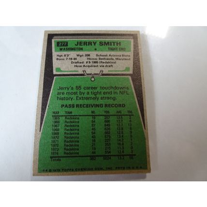 1975 Topps Football Card # 277 Jerry Smith VG-Ex (4) Washington Redskins