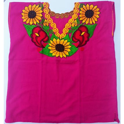 Sunflowers & Calla Lillies Embroidered Cotton Canvas Pink Blouse Chiapas Mexico