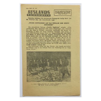 Original WW2 Russian/Soviet Air Drop Propaganda Leaflet. - Code 1004. - 1942.
