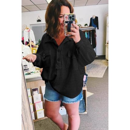 Black Plus Size Long Sleeve Flap Pocket Henley Top