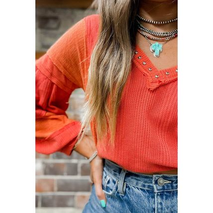 Red Studded V Neckline Exposed Seam Textured Knit Top