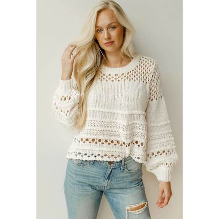 White Solid Color Pointelle Knit Puff Sleeve Sweater