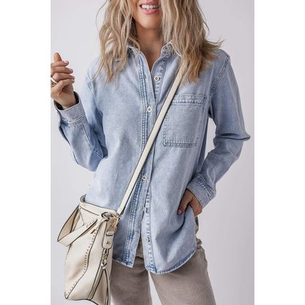 Beau Blue Long Sleeve Buttoned Chest Pocket Denim Shacket