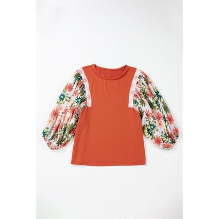 Desert Gold Floral Puff Sleeve Patchwork Round Neck Blouse