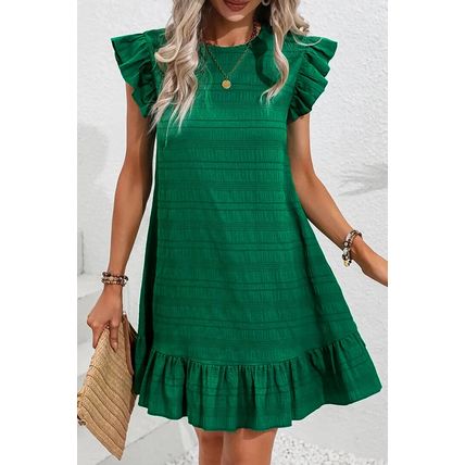 Dark Green Textured Flutter Sleeve Ruffled Mini Dress