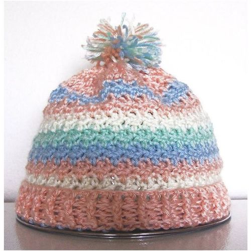 Hat ski knitted colorful stripes with pom pom adult size OOAK