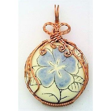 Blue Flower Porcelain Copper Wire Wrap Pendant 5