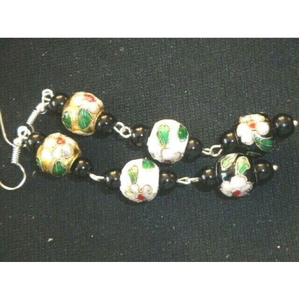 Fabulous recycled vintage large round flower pattern cloisonné bead earrings