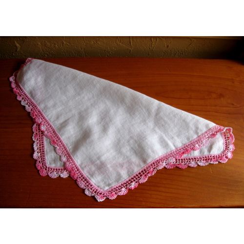 Vintage Hand Crochet Pink Edged White Handkerchief, 12"