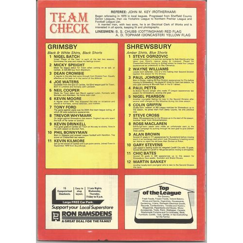 1982-83 GRIMSBY TOWN v SHREWSBURY TOWN (Very Good Condition - No Writing)