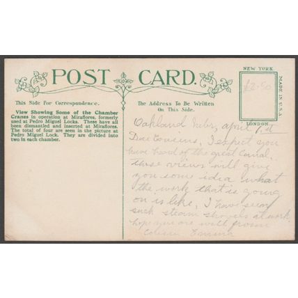 Chamber Cranes, Miraflores Lock, Panama Canal, c.1910 - Underwood Postcard