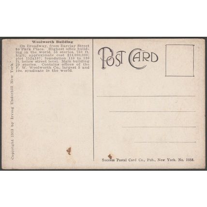 Woolworth Building, New York City, c.1905-10 - Success Postal Card Co Postcard