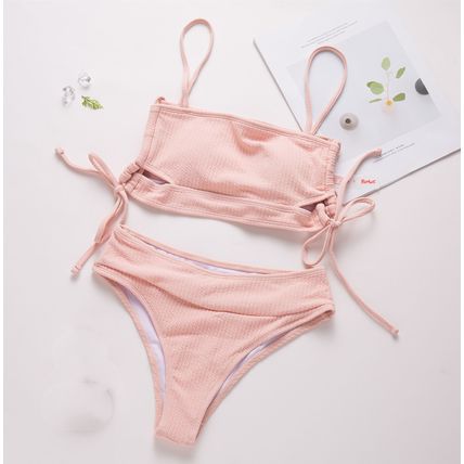New sexy high-waisted for bikini women with striped ribbed fabric and tie straps
