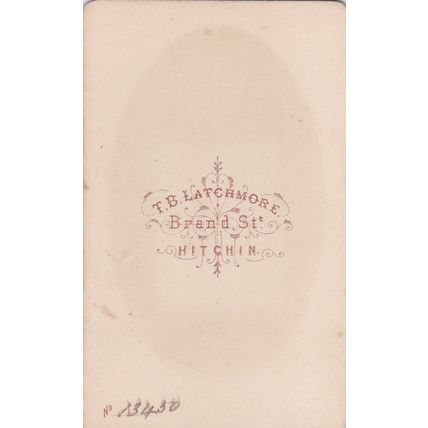 VICT. CDV PHOTO- SMART LADY LEANING ON CHAIR BY T.B. LATCHMORE, HITCHIN