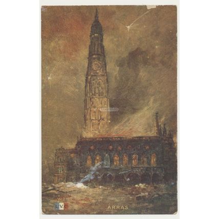 Arras church in flames unused French Postcard L.V.C W2 c1915 WW1 WWI