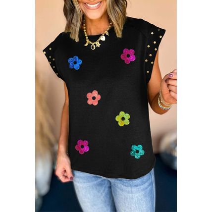 Black Shiny Flower Graphic Studded Cap Sleeve T Shirt