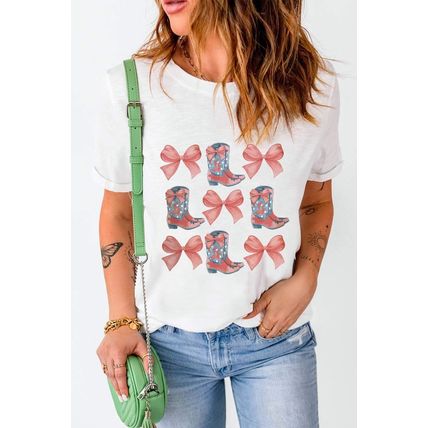 White Bowknot & Cowgirl Boots Graphic Tee