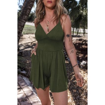Moss Green Spaghetti Straps Cinched Waist Ribbed Romper