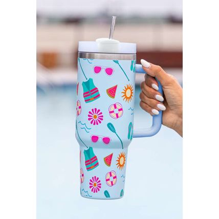 Light Blue Beach Day Fun Pattern Cup with Handle 40oz