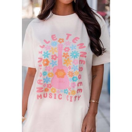 White Floral Guitar NASHVILLE Slogan Graphic T Shirt