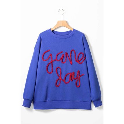 Dark Blue Tinsel Game Day Drop Shoulder Graphic Sweatshirt