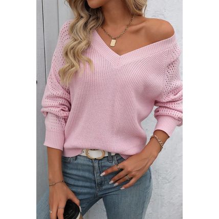 Pink V Neck Knitted Eyelets Raglan Sleeve Sweater