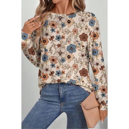 Khaki Floral Print Loose Crew Neck Long Sleeve T Shirt