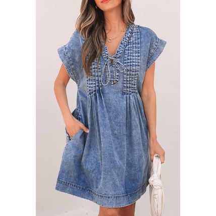 Beau Blue Tie V Neck Tucking Detail Short Sleeve Denim Shift Dress