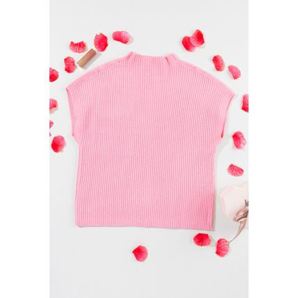 Pink Sequin Bunny Doll Graphic Ribbed High Neck Short Sleeve Sweater