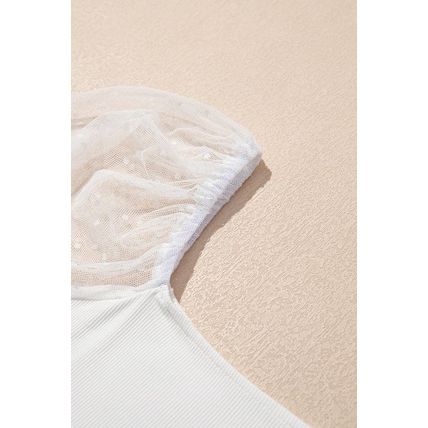 White Swiss Dot Mesh Long Sleeve Square Neck Slim Top