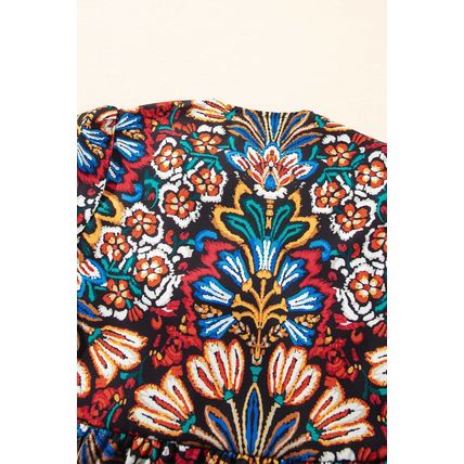 Black Tropical Print Bubble Sleeve Knot Front Blouse