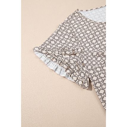 Khaki Plus Size Geometric Print Ruffled Sleeve Blouse