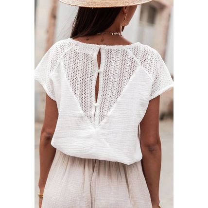 White Lace Crochet Textured Button Back V Neck T Shirt