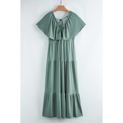 Green Textured V Neck Flutter Sleeve Ruffled Maxi Dress