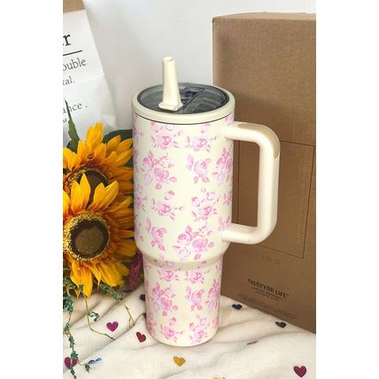 White Flower Print Handle Insulated Large Tumbler 40oz
