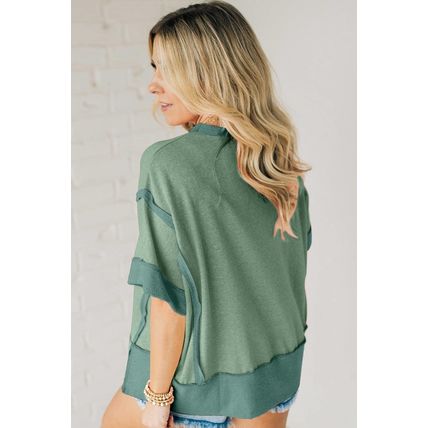 Smoke Green Floral Boots Printed Raw Seam Mix Texture Patchwork Tee