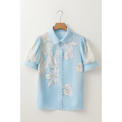Sky Blue Floral Ric Rac Edge Puff Sleeve Button Up Summer Shirt