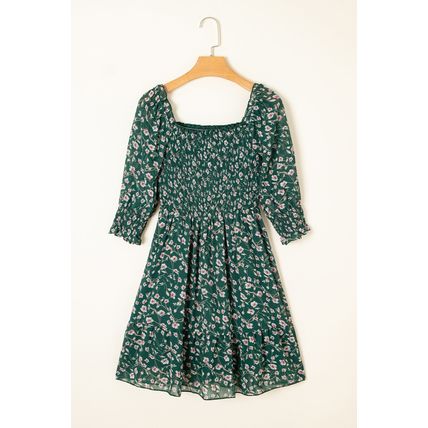 Green Smocked Square Neck Puff Short Sleeve Floral Dress