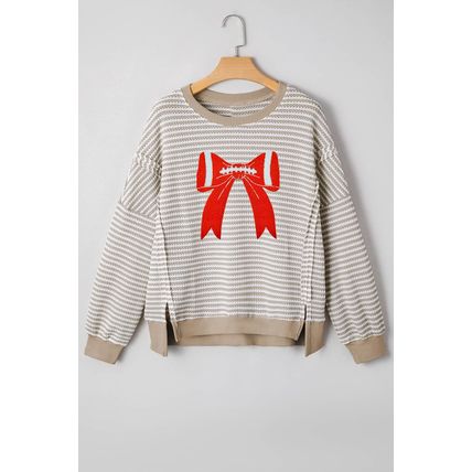 Brown Stripe Chenille Bow Patched Drop Shoulder Long Sleeve Top